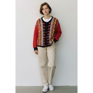 Kitty Hawk By Vivian Wang Colorful Knit Cardigan Sweater Red/Black Beaded Button